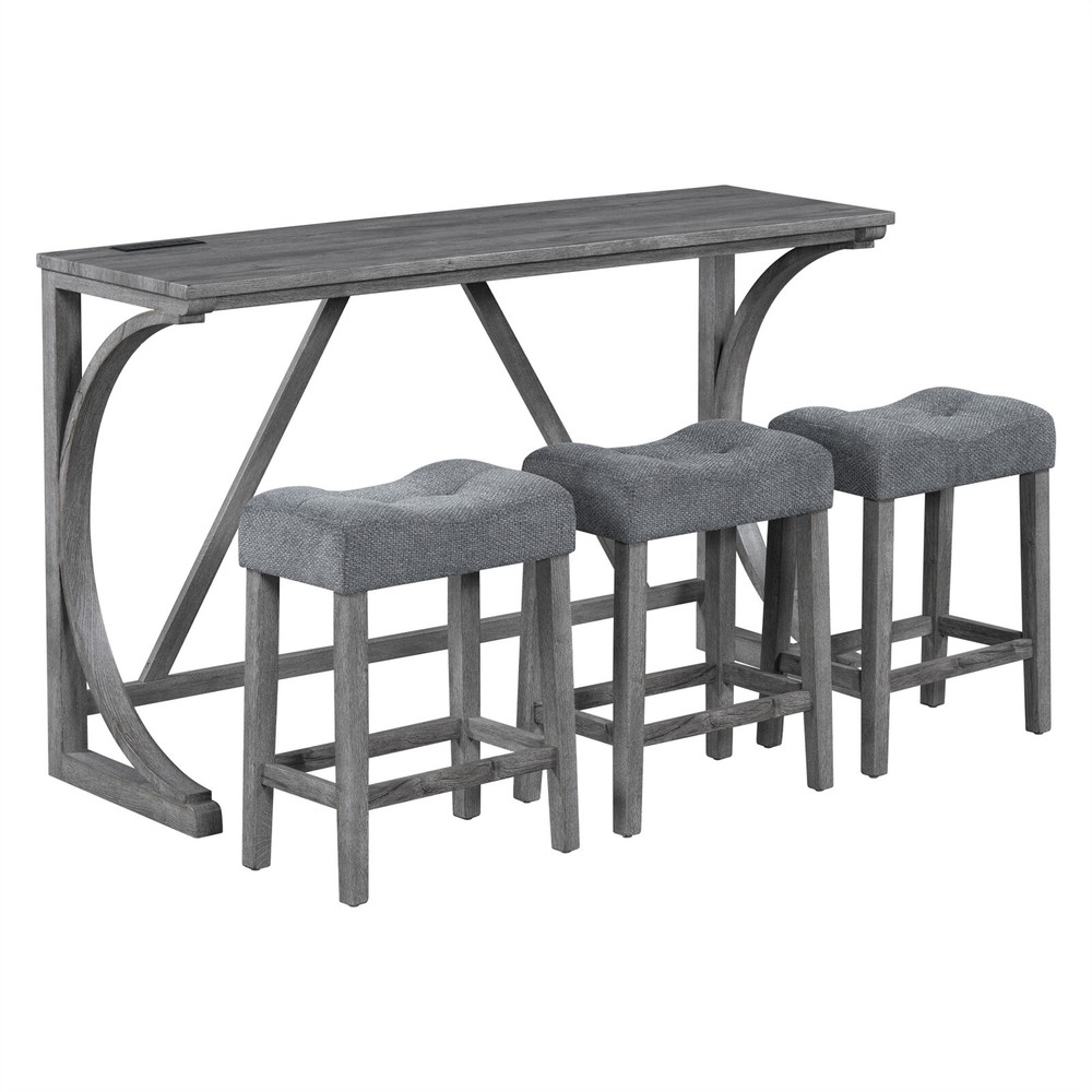 4 Piece Bar Table Set Dining Kitchen Table with 3 Stools and Power Outlet