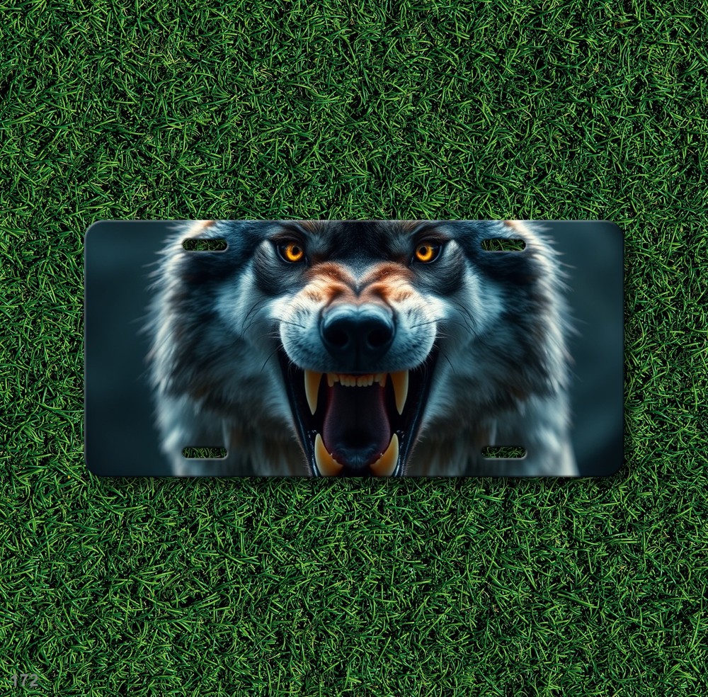 Aggressive Wolf License Plate Fierce Expression Optional Text Front Plate Unique