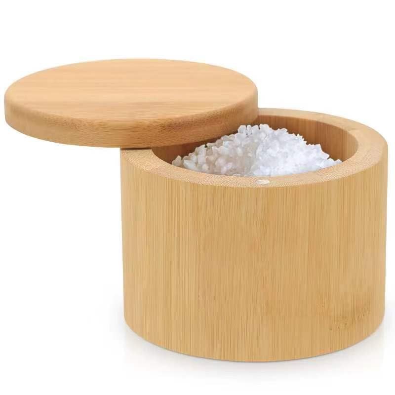 Salt Cellar, Bamboo Salt Container with Lid, Solid Salt Box Holder with 360°
