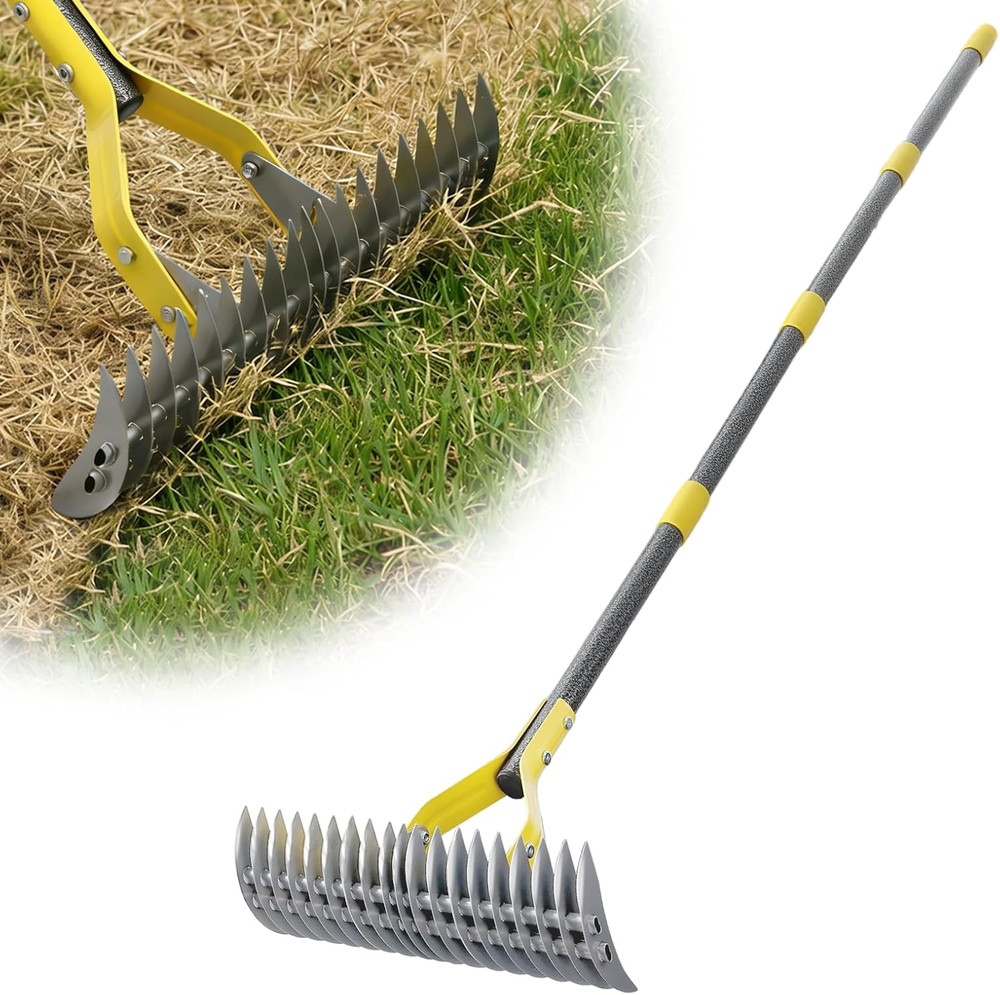 Dual-Action Dethatcher Rake - 19-Tine, Heavy Duty Landscaping Rake, Adjustable T