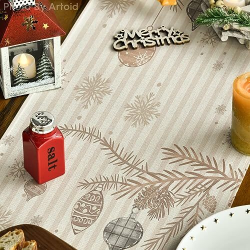 Stripes Pine Trees Merry Christmas Table Runner, 13" x 72", Table Runner Brown