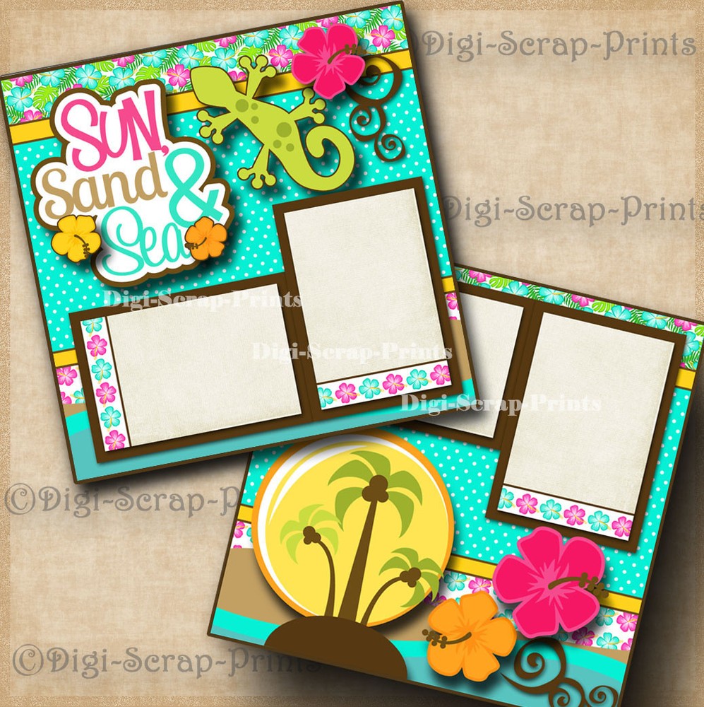 SUN SAND & SEA 2 premade scrapbook pages paper piecing layout beach BY DIGISCRAP