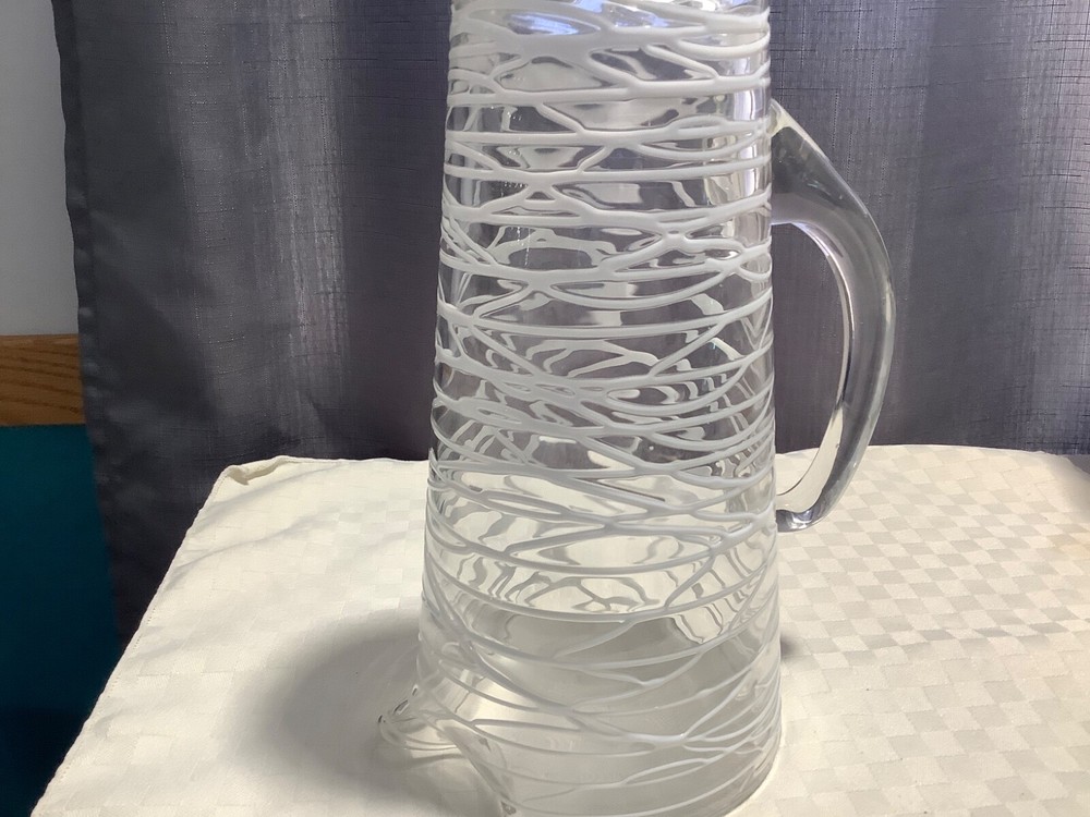 Clear Glass 10” Pitcher Raised White Drizzle Glaze Applied Handle
