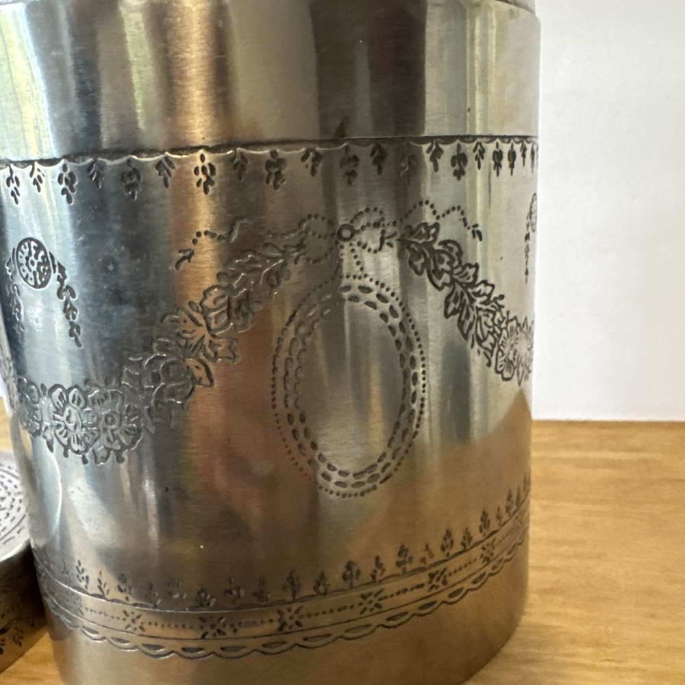 Vintage Silverplate Engraved Tea Caddy Biscuit Barrel Oval 7.5"