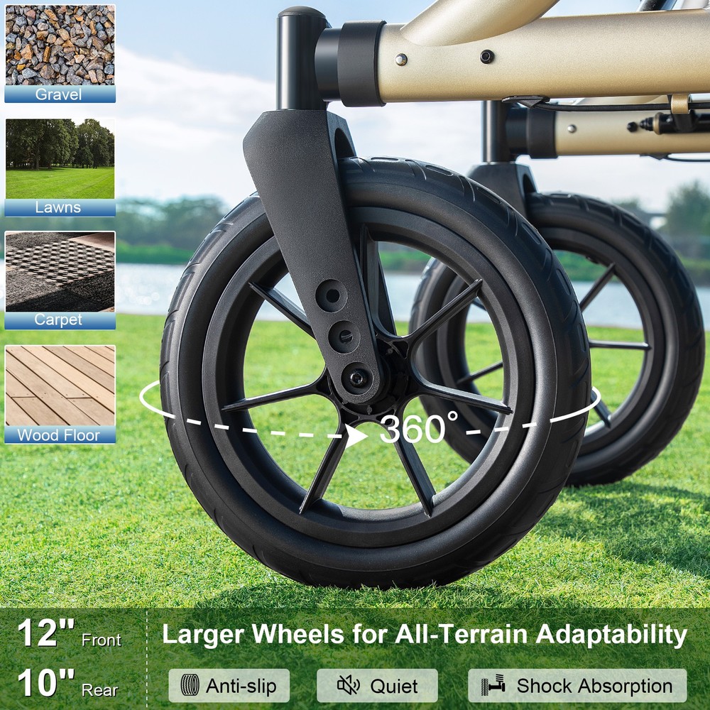 Rollator Walker Seniors 12''x10''rubber wheels Adjustable Height Foldable Seat