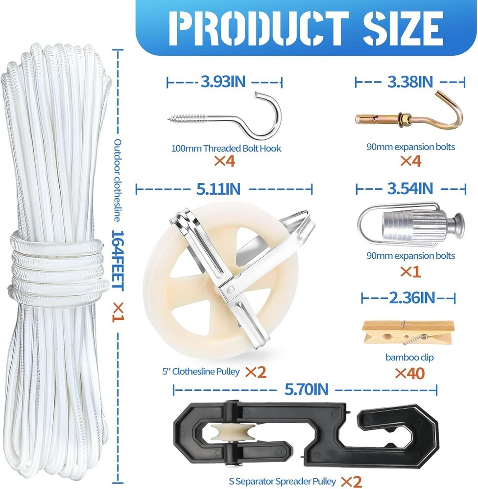 Clothes Line Outdoors, Clothes Line Pulley Kit Include 164ft Polyester