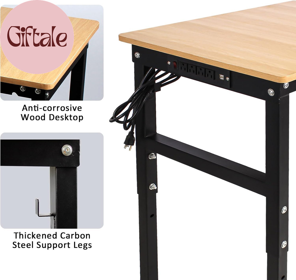 48'' Adjustable Workbench with Power Outlet, Work Table for Garage,2000 Lbs Capa