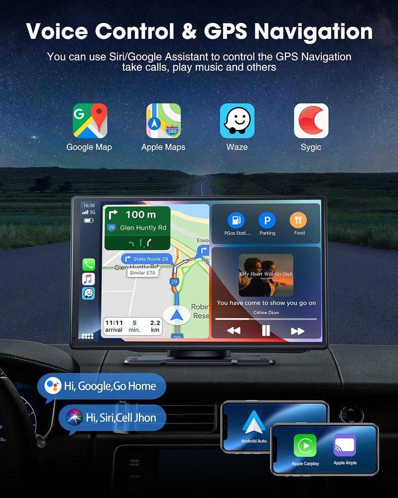 Portable Wireless Apple CarPlay and Android Auto 9" IPS Touch Screen w/ Rear Cam