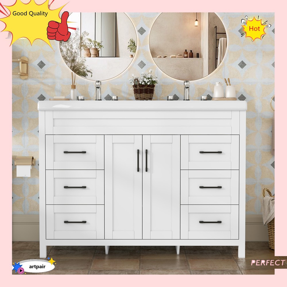 47" Bathroom Vanity Set & Double Ceramic Sinks Artificial Marble Countertop , US