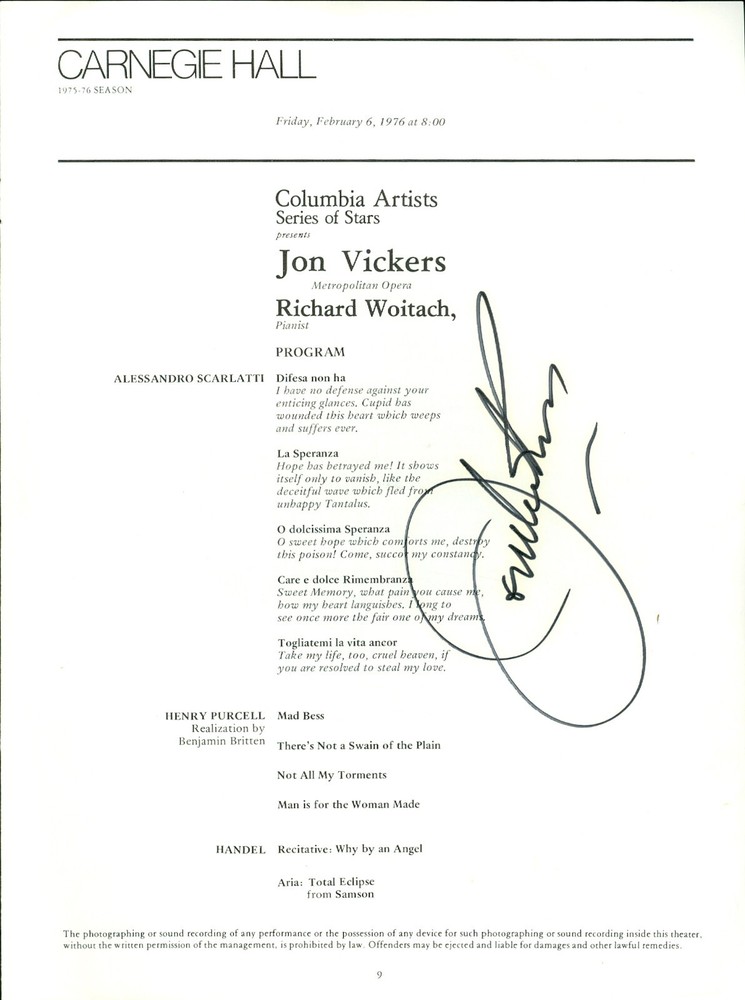 Jon Vickers Opera Tenor autograph signed 1976 Carnegie Hall Program (1926-2015)