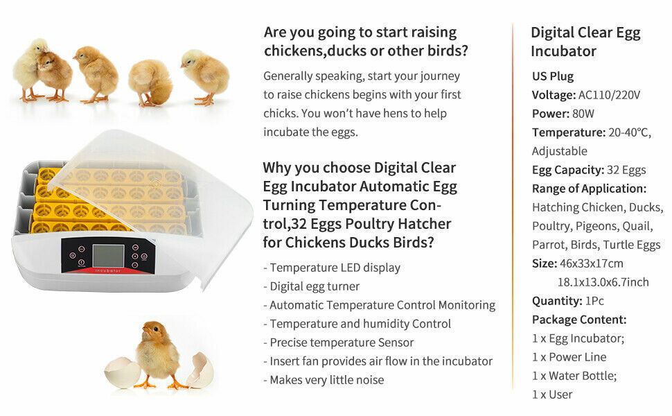 32 Egg Incubator Breeder Digital Egg Incubator Automatic Egg Turning Temperature