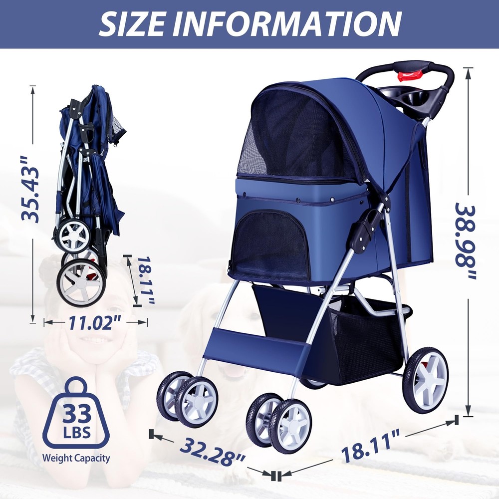 4 Wheels Pet Stroller for Small Medium Dogs Cats 33 lbs, Breathable Foldable ...