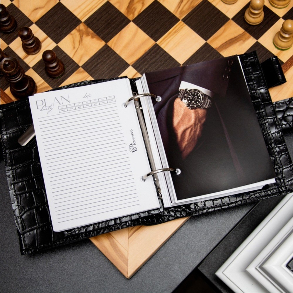 Black leather notebook cover A7 6 rings mini wallet, Mini Planner Binder.
