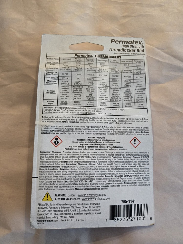 Permatex 27100 High Strength Threadlocker Red 6ml Tube
