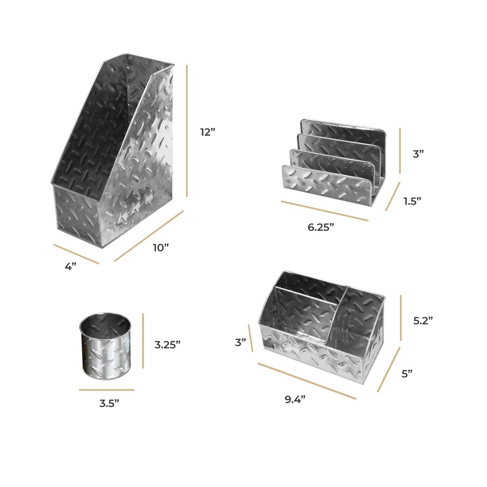 Chrome Desk Organizer - 4 Piece Set - Galvanized - Chrome Finish