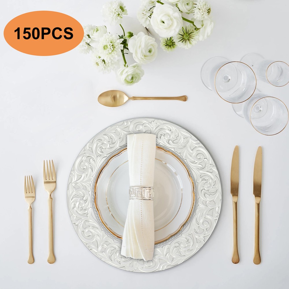 150pcs Plates Set, Silver Round Plates with Patterns, Reusable, for Restaurant