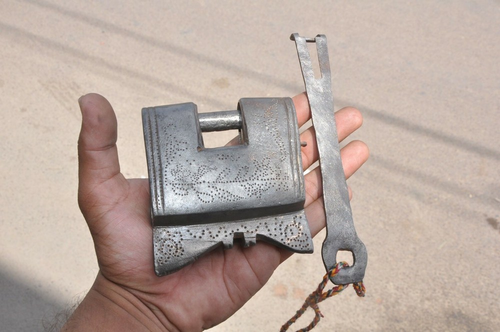 Vintage Iron Handcrafted Solid Inlay Engraved Unique Shape Strip System Padlock