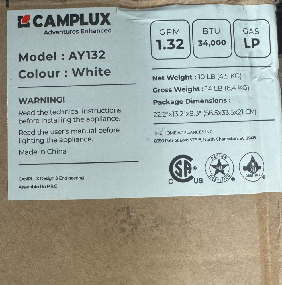 Camplux AY132 White Classic Tankless Instant Portable Propane Water Heater