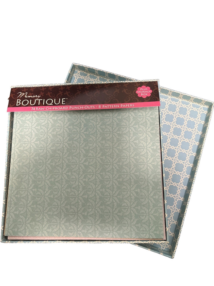 Memory Boutique 74 Raw Chipboard Punch-outs 8 Pattern Papers Plus Storage Box