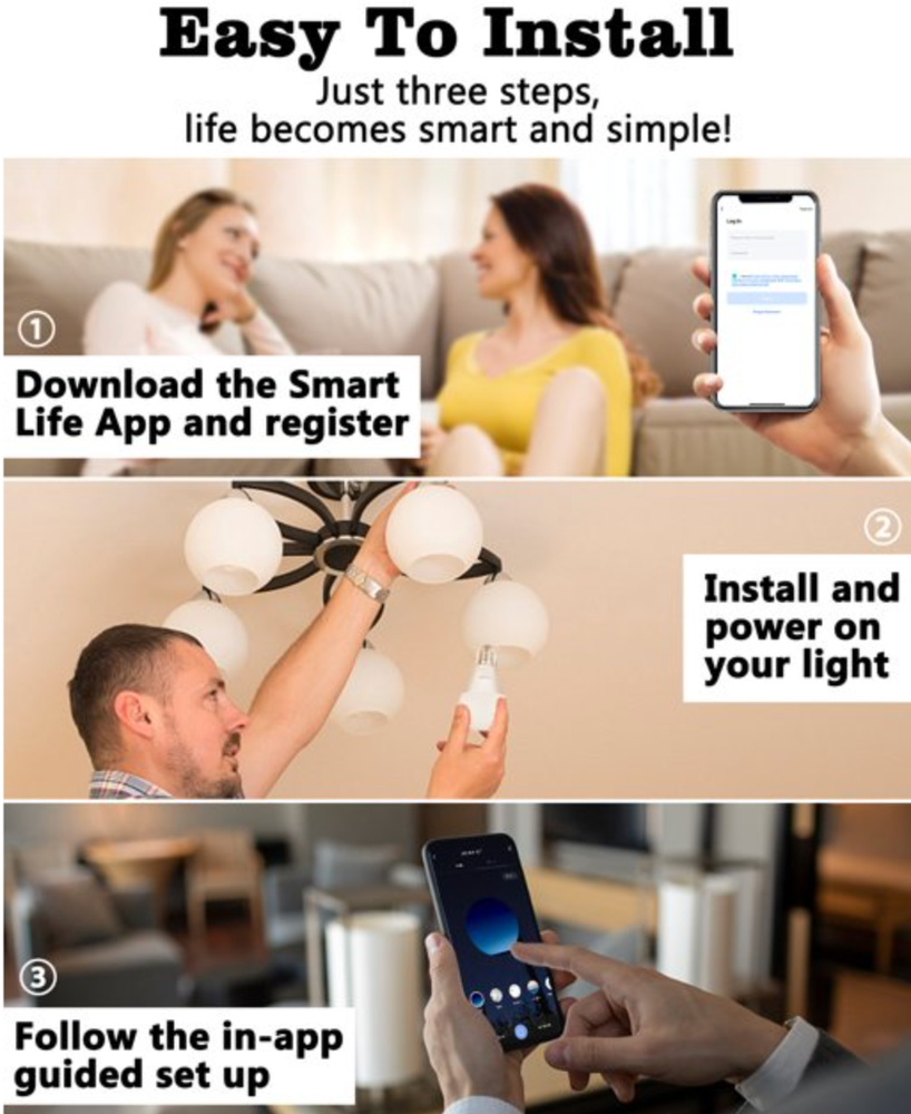 4 Pack Smart Light Bulb APP WiFi LED Lighting Work Alexa&Google E26 8W 800LM