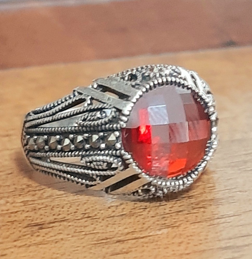 MENS 925 SILVER RING Red Tourmaline Solitaire Ruby Sterling Ring $