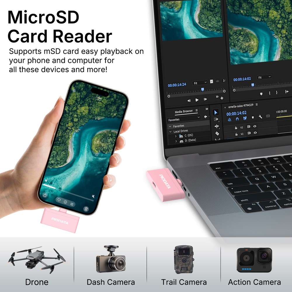 PioData Micro SD Card Reader for USB C iPhone Android, Passthrough Charging Pink