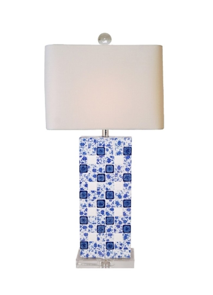 Beautiful Rectangular Blue and White Porcelain Table Lamp Crystal Base 26"