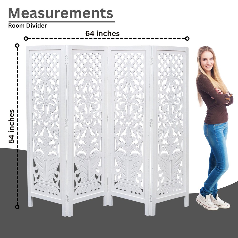 Room Divider Wood Screen Panel – White, 4-Panel Folding 64"x54", Hand-Carved,...