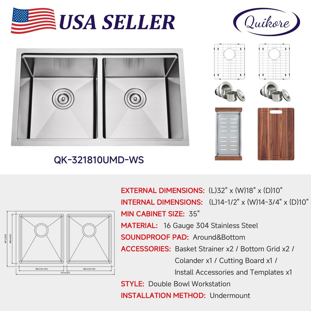 Quikore Rectangular Double Bowl Handmade Multiple Styles and Sizes Kitchen Sink