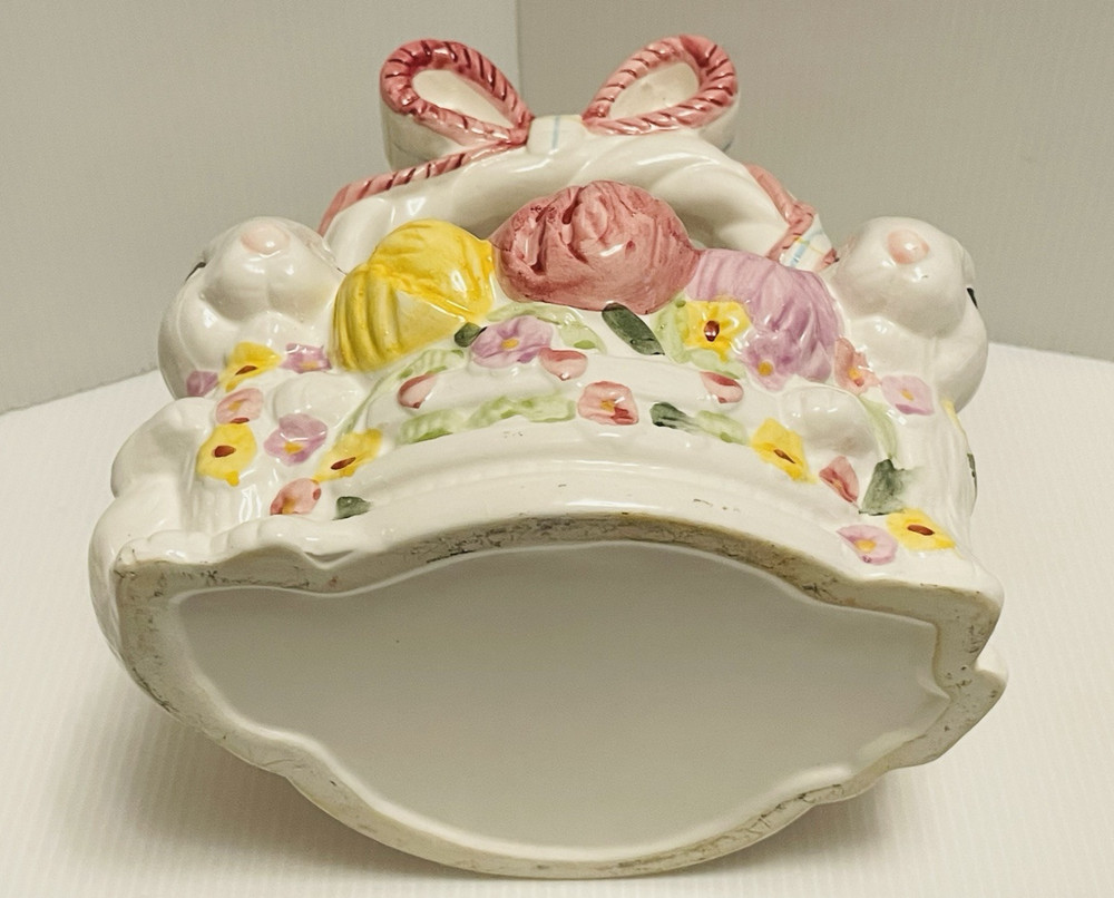 Ceramic Easter Egg Basket with Bow Handle Spring Bouquet and 2 Bunnies/Rabbits.