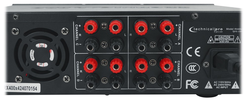 Technical Pro RX400X4 4 Channel 8 Speaker Bluetooth Home Receiver+Mic Inputs