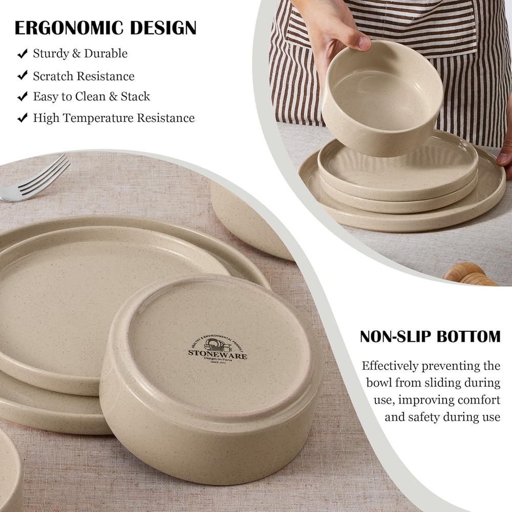 12Pc Stoneware Dinnerware Set for 4 Speckled Khaki Plates Bowls