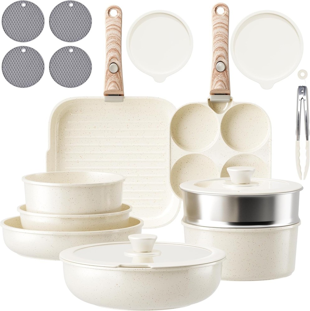Detachable Nonstick Cookware Set Stackable Induction Pots & Pans W/ Removable