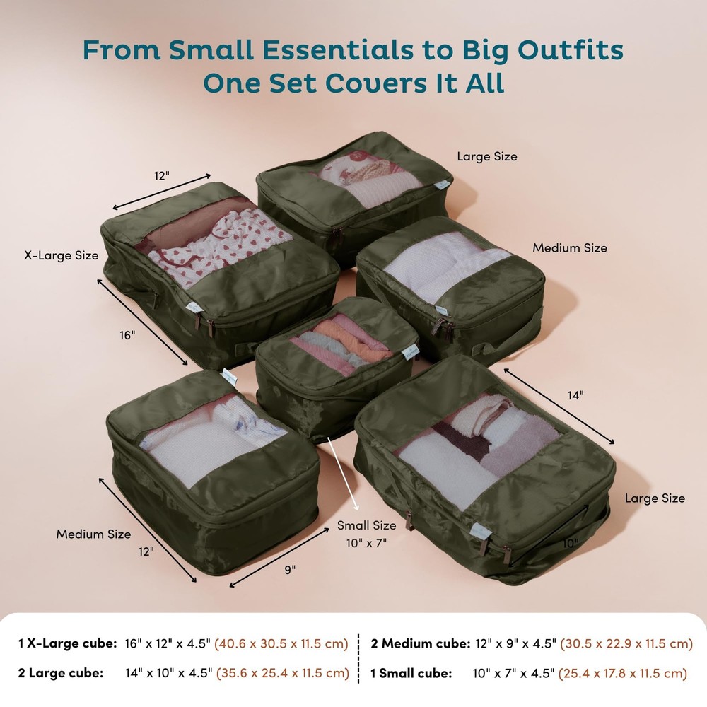 6-Pack Large Compression Packing Cubes for Travel - Lightweight Compression P...