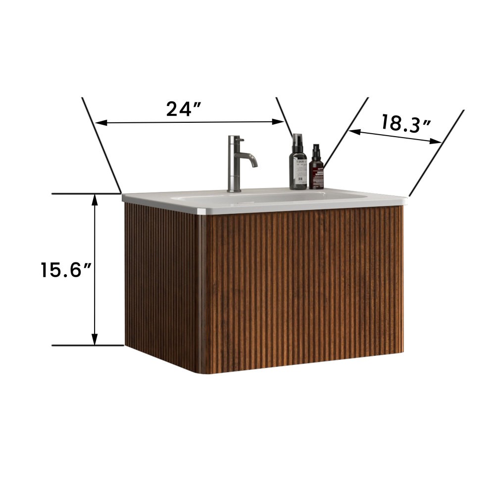 24" Floating Bathroom Vanity w/ Ceramic Sink, Wall Mounted, Preassembled Storage