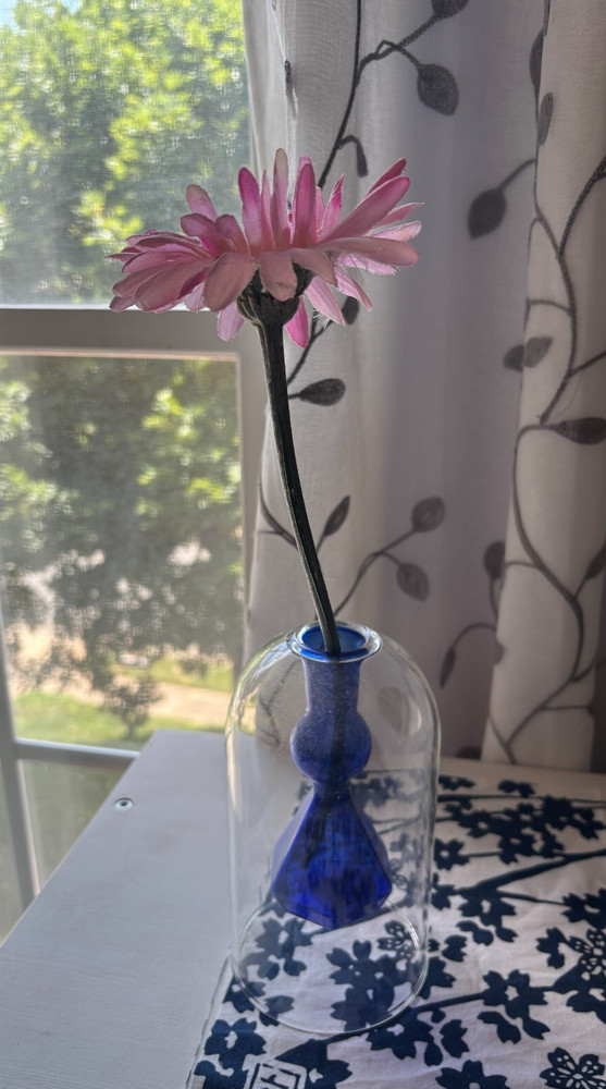 Bud vase? Blue glass inside clear dome