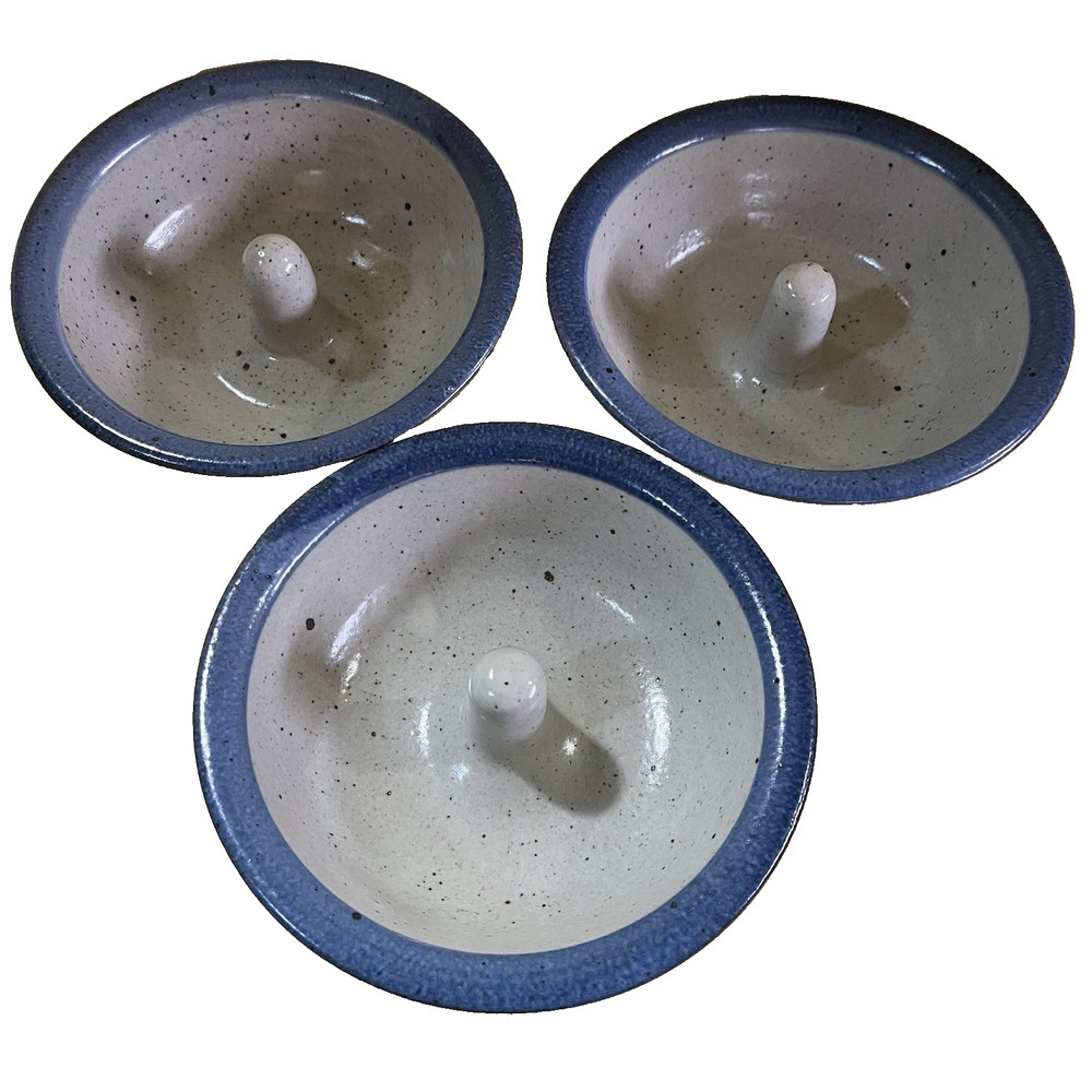 3 Apple Ring Baker Baking Dish Dessert Stoneware Blue Ceramic Pottery Signed MC