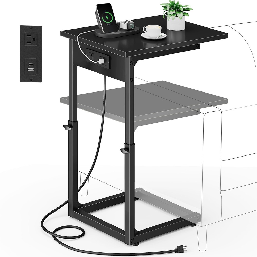 C Shaped End Table with Charging Station, 33"Tall C-Table End Table Adjustabl...