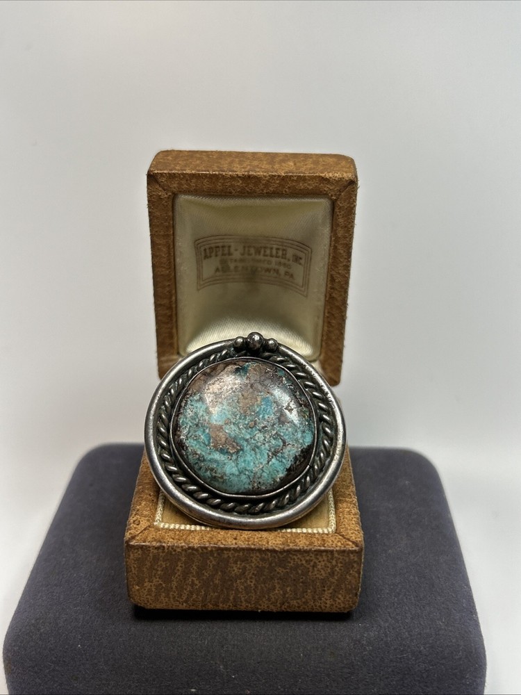 Large Native American Sterling Silver & Turquoise Twisted Cable Circle Ring