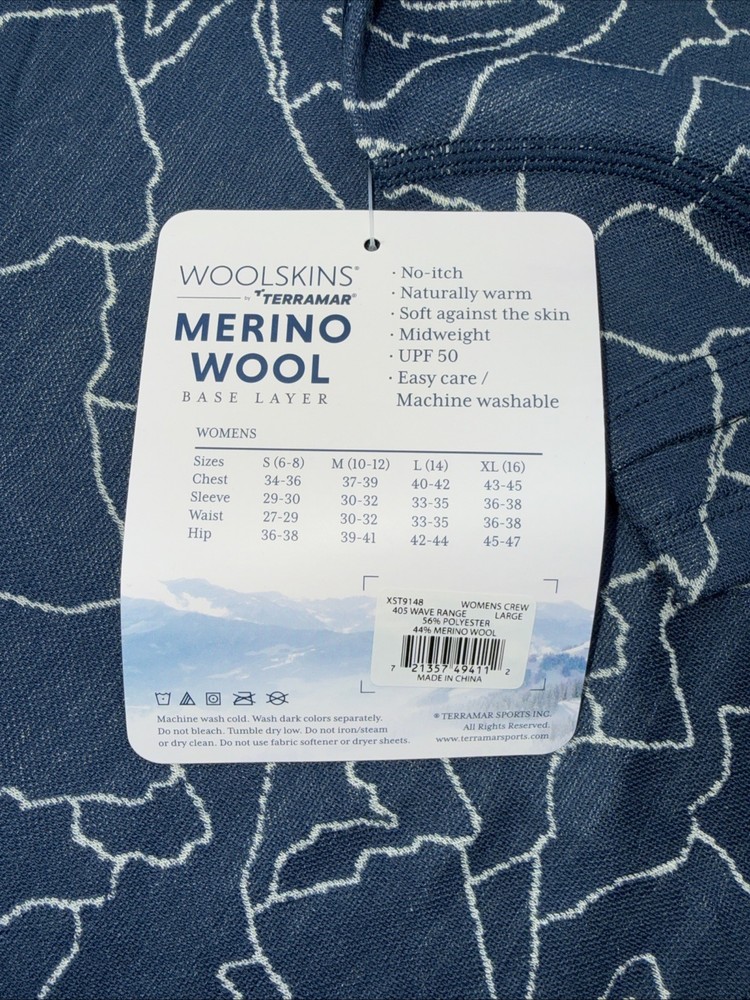 $110 Terramar Woolskins Women’s Merino Base Layer Top - Wave Range- Large -New