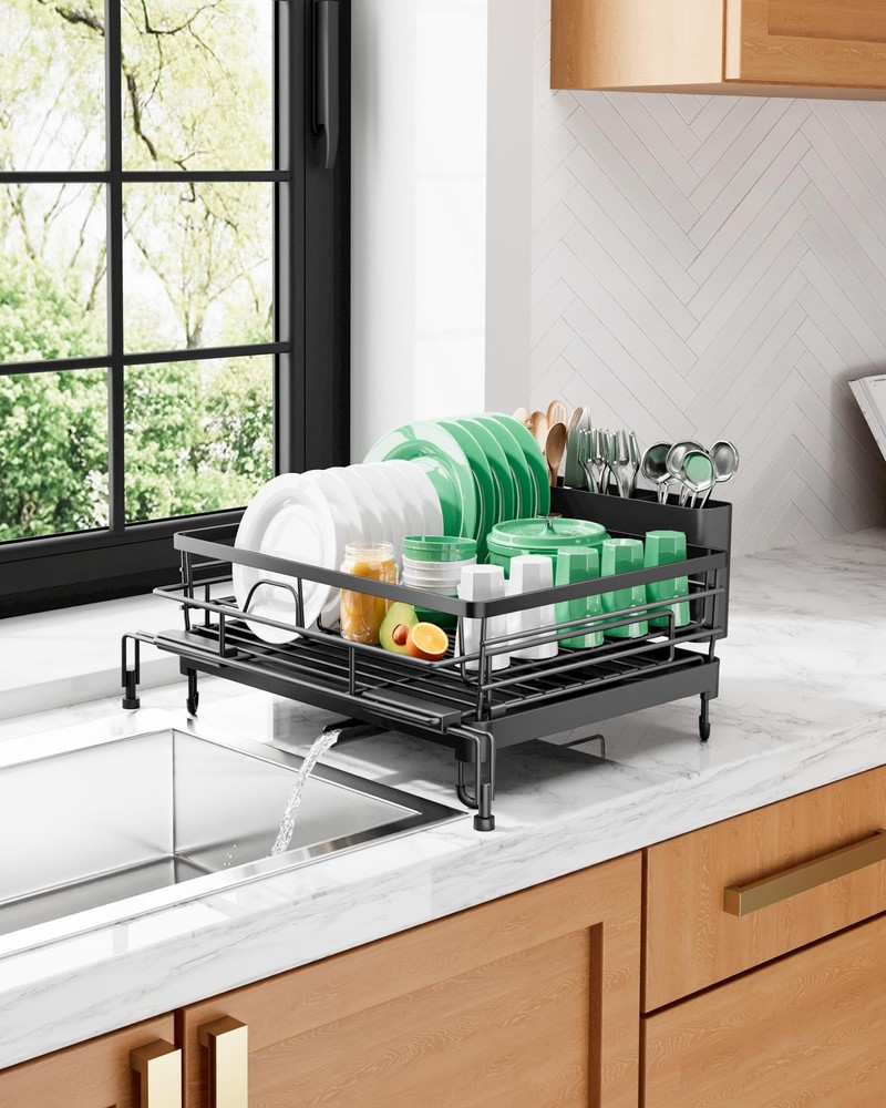 Extendable Dish Drying Rack Rust Resistant Adjustable Legs Cutlery Black