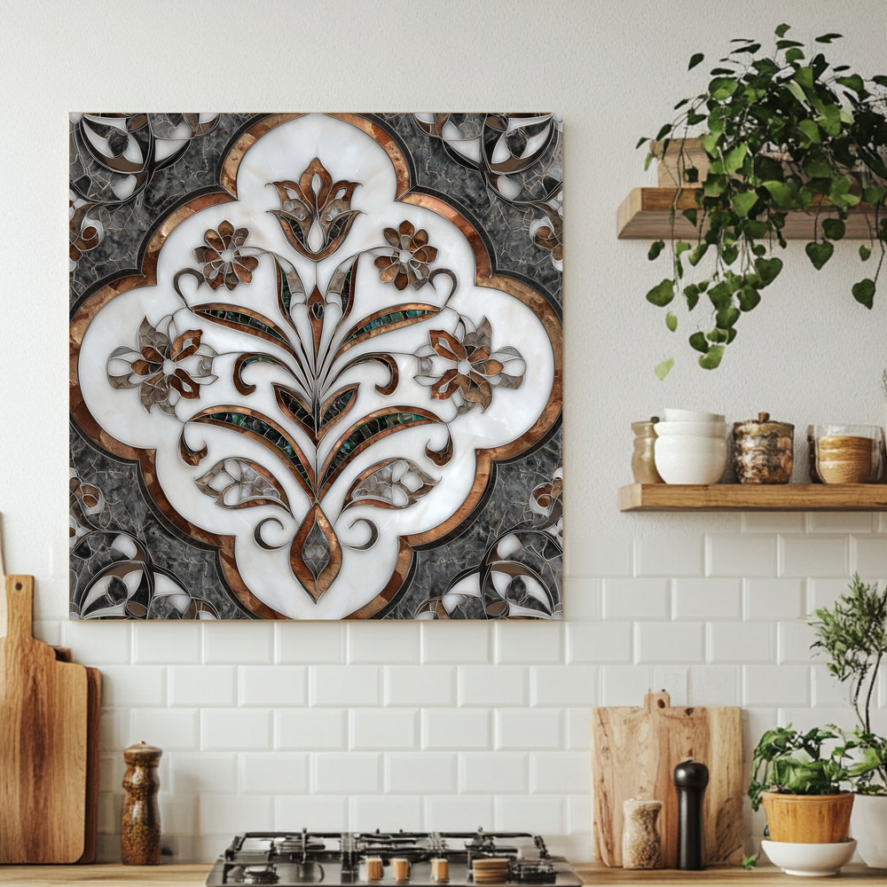 Ottoman Pattern on Marble Print Background Glass Backsplash for Kitchen Stove