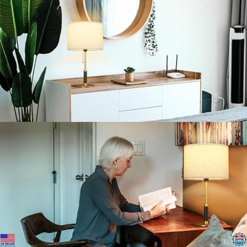 Stylish 21" Bedside Table Lamp - 3 Color Temperatures, Pull Chain, Wood & Fabric