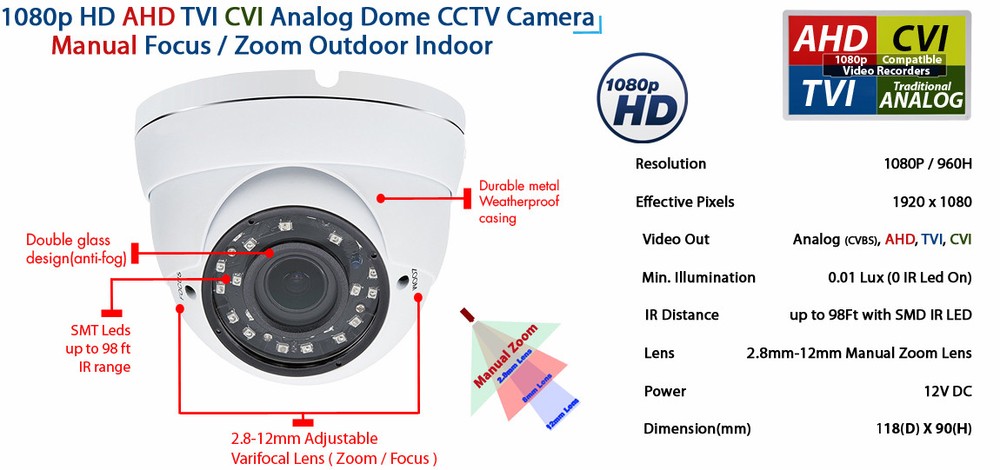 1080p HD Day Night Dome CCTV Security Camera with Microphone Cable Adapter Set