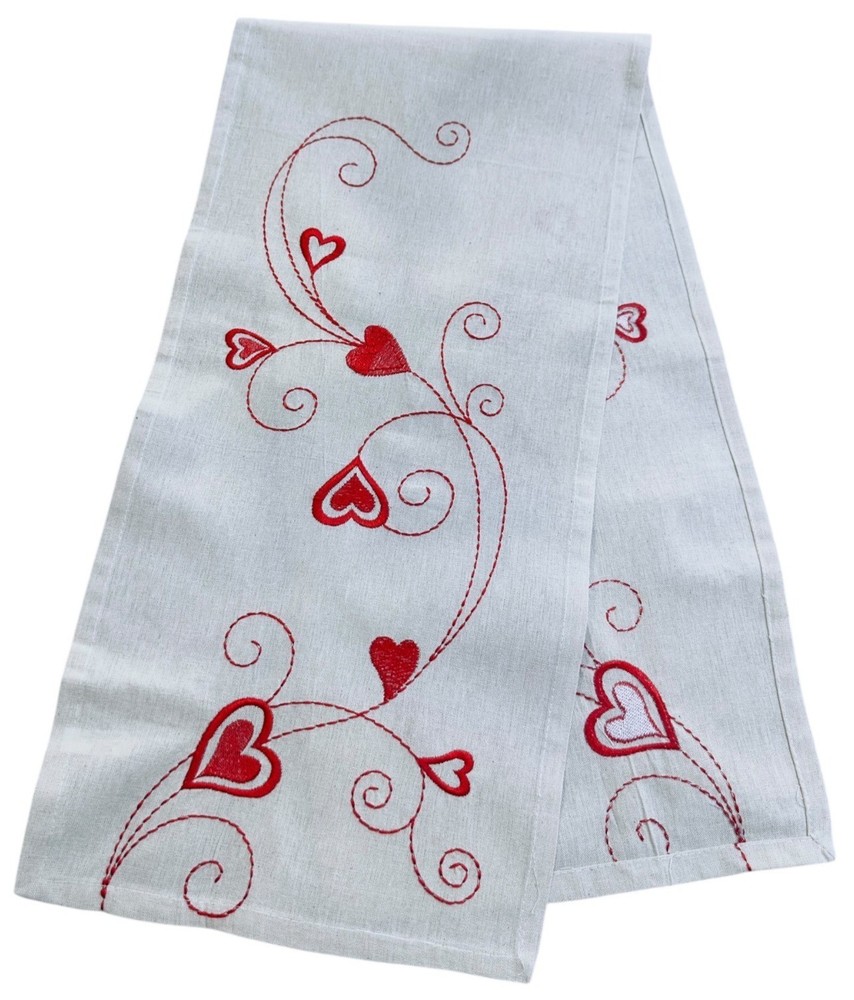 Valentine Embroidered Table Runner Red Hearts Scroll Design Holiday