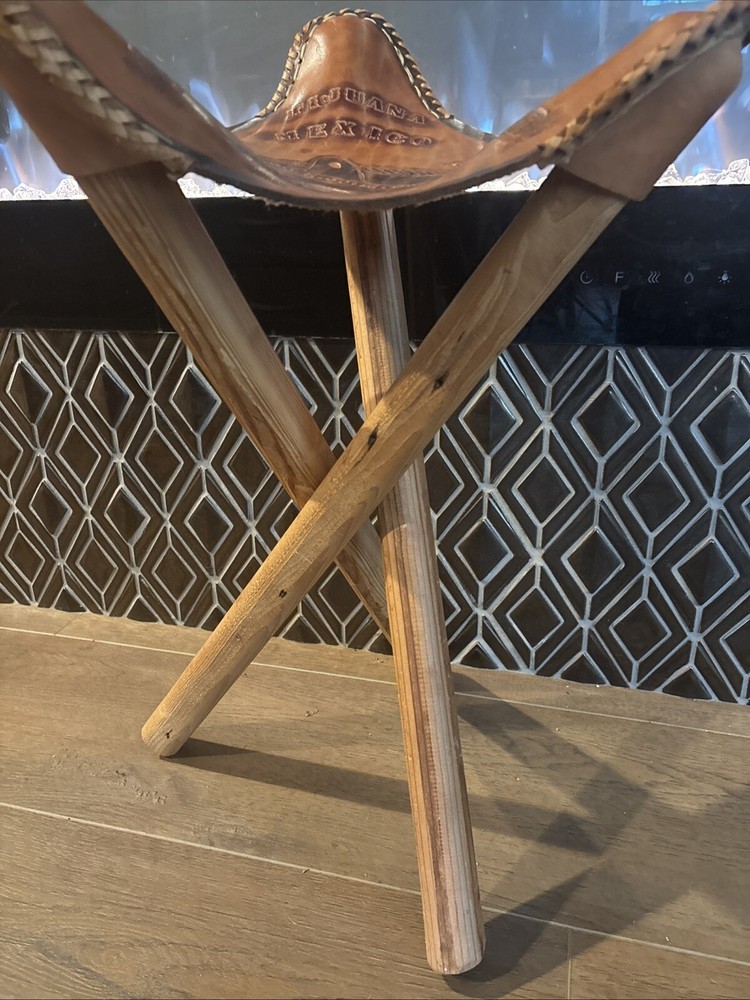 Vintage Handmade Tooled Stitched Embossed Leather Folding Tripod Camp Stool 24”