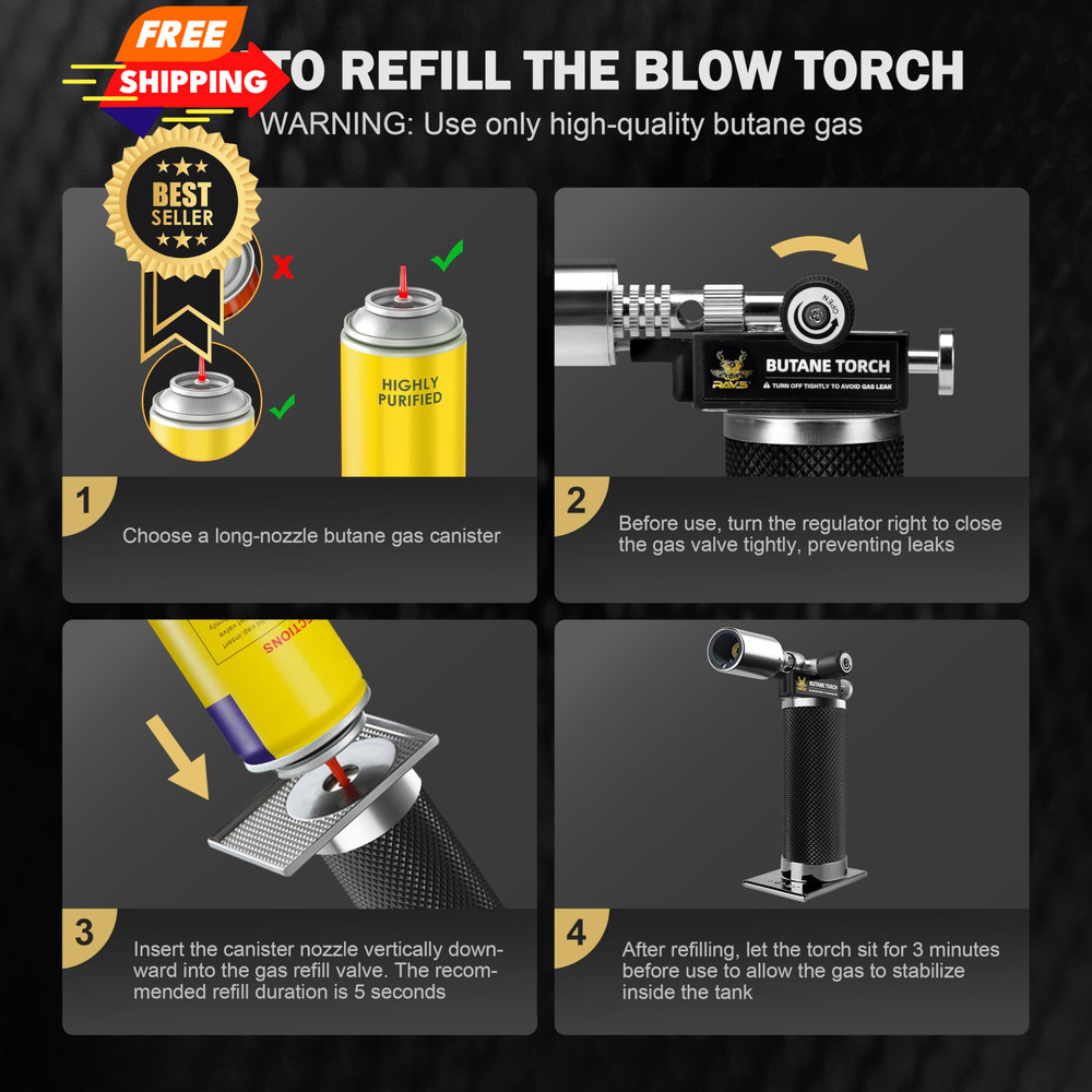 RAVS Butane Torch Lighter, Premium Metal Kitchen with Medium, Black