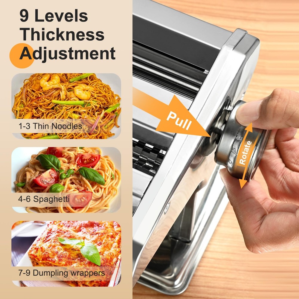 FrutPunch Manual Pasta Maker Machine, 9 Adjustable Thickness Standard, Silver