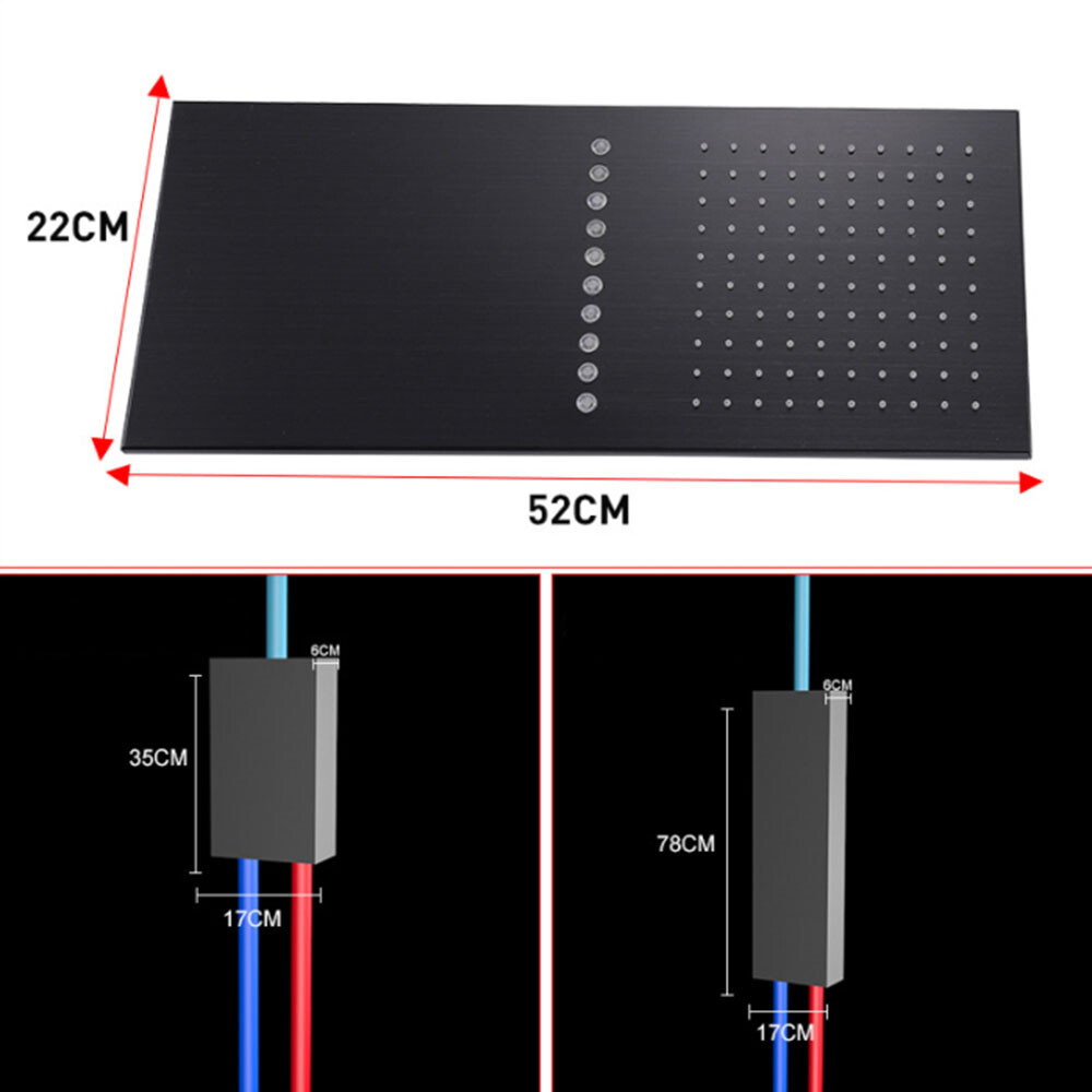 Black LED Rectangle Shower Head Massage Digital Display 4-Way Mixing Valve Panel
