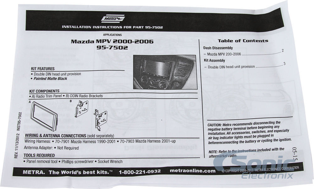 Metra 95-7502B Double DIN Dash Installation Kit for Select 2000-06 Mazda MPV